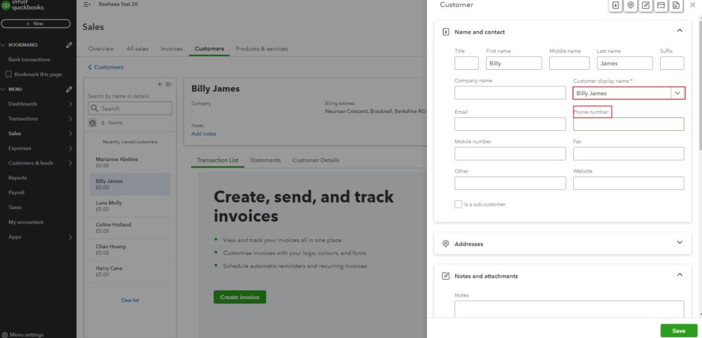 beehexa how to edit a customers phone number and email in quickbooks online 05