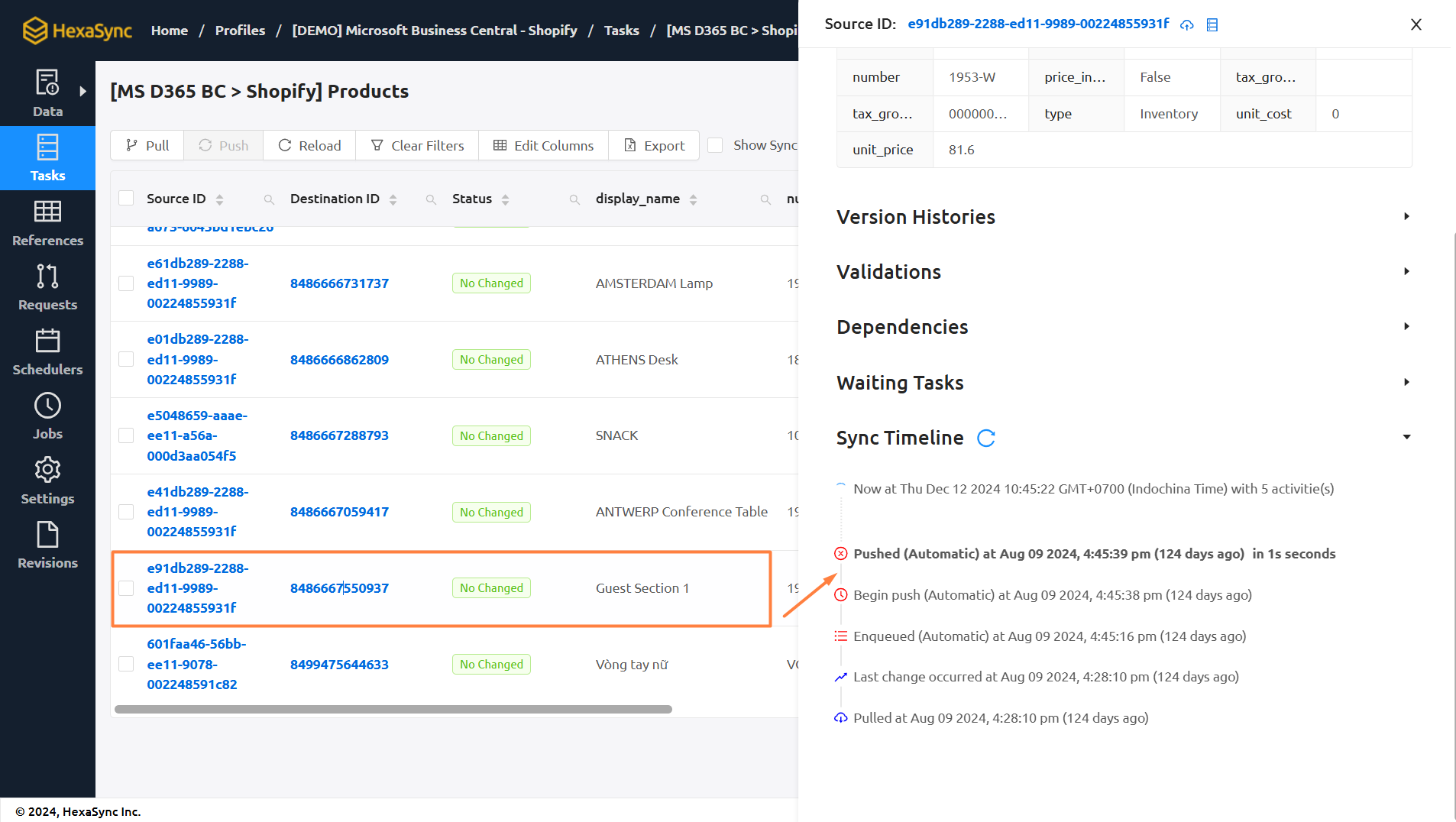 hexasync product sync errors filter