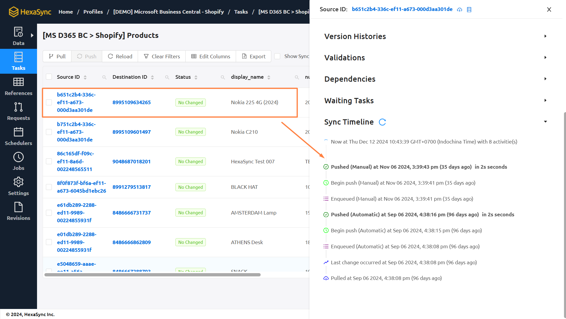 hexasync product sync history checking