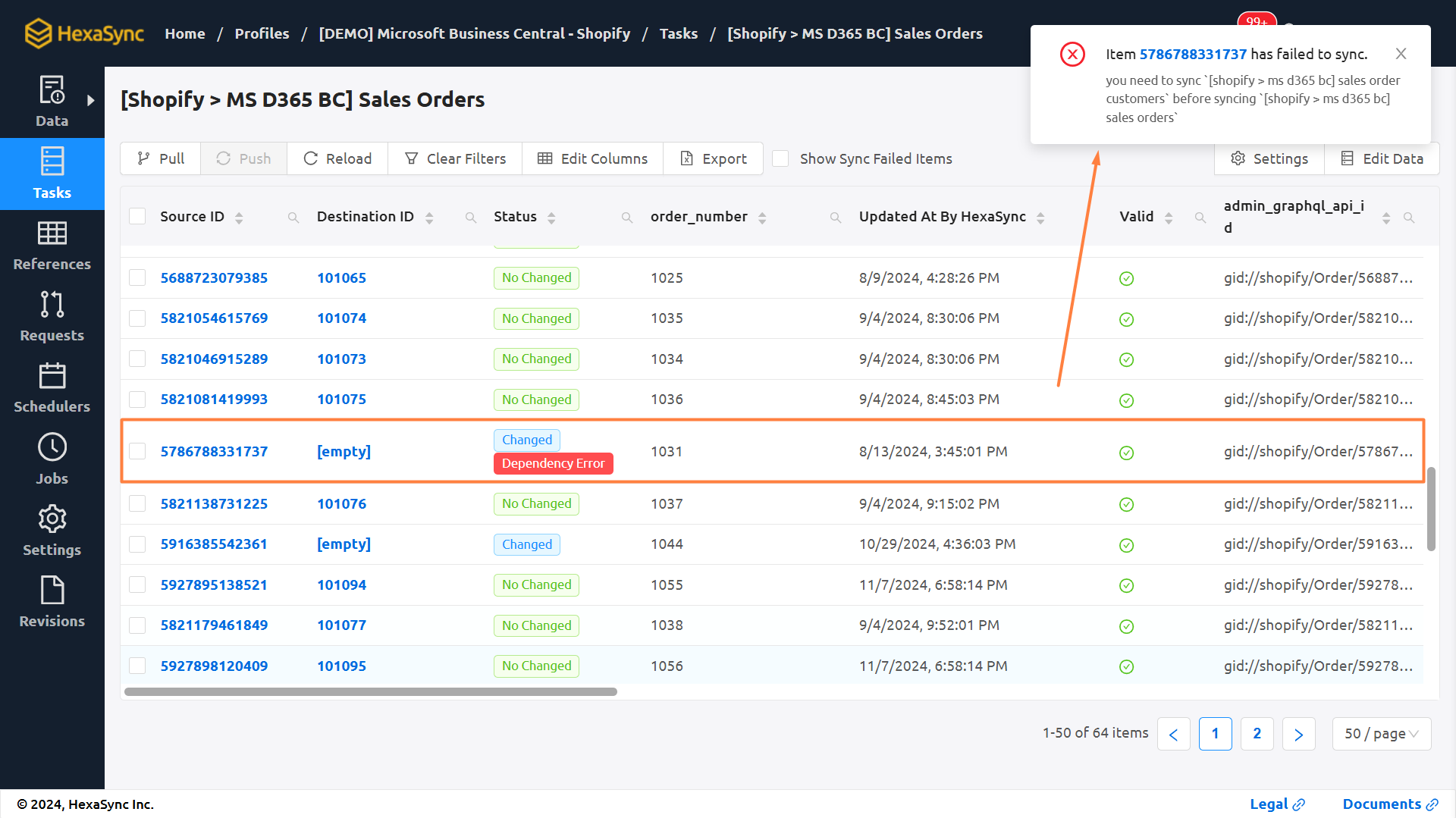 hexasync sales orders sync details checking