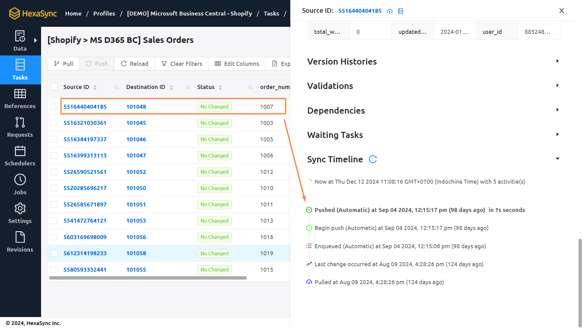 hexasync sales orders sync history checking