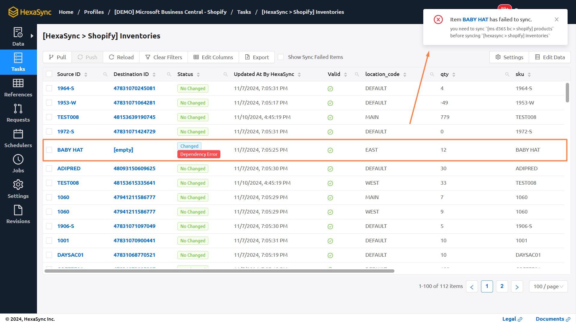 hexasync stock sync errors detection