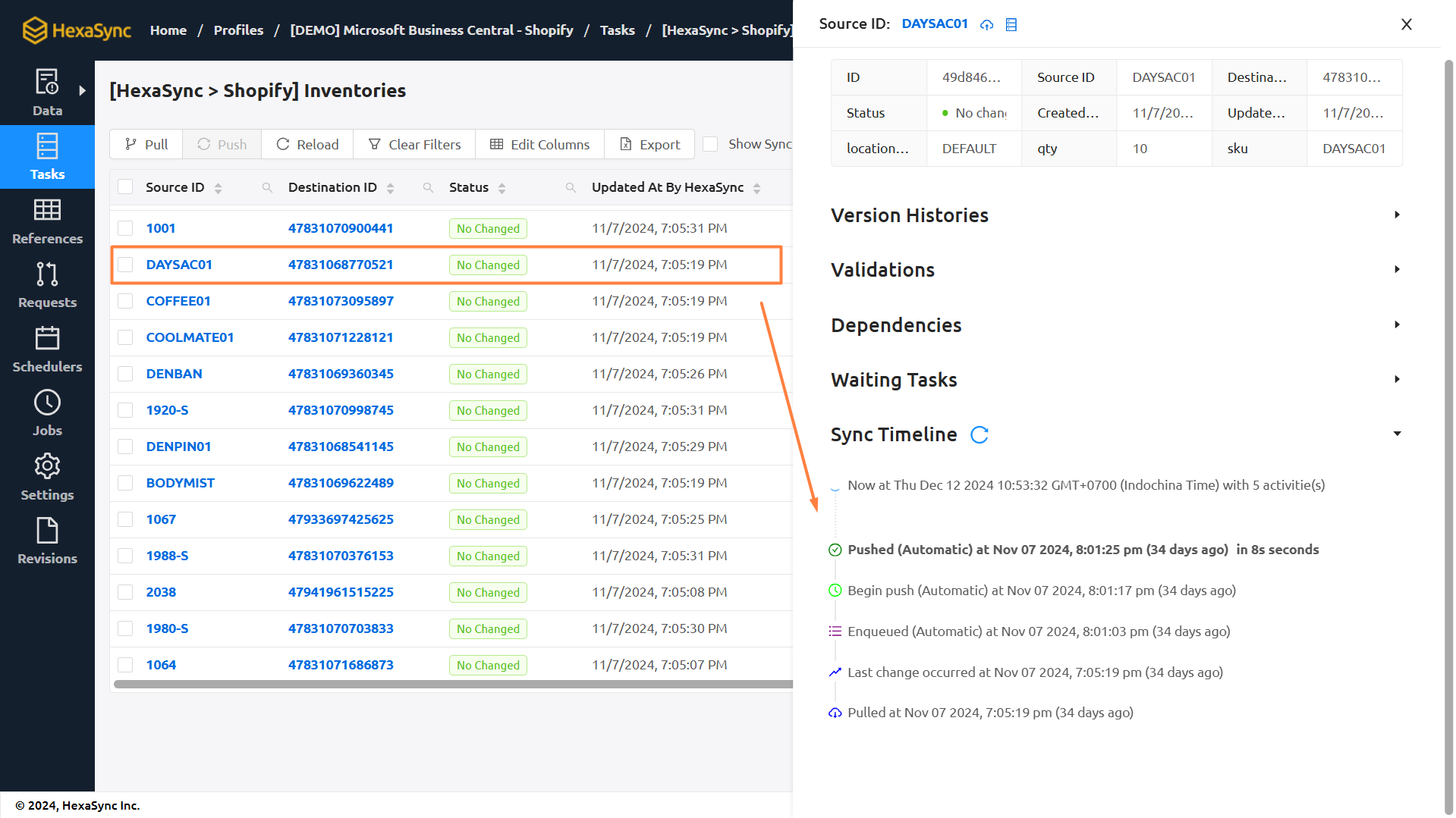 hexasync stock sync history checking